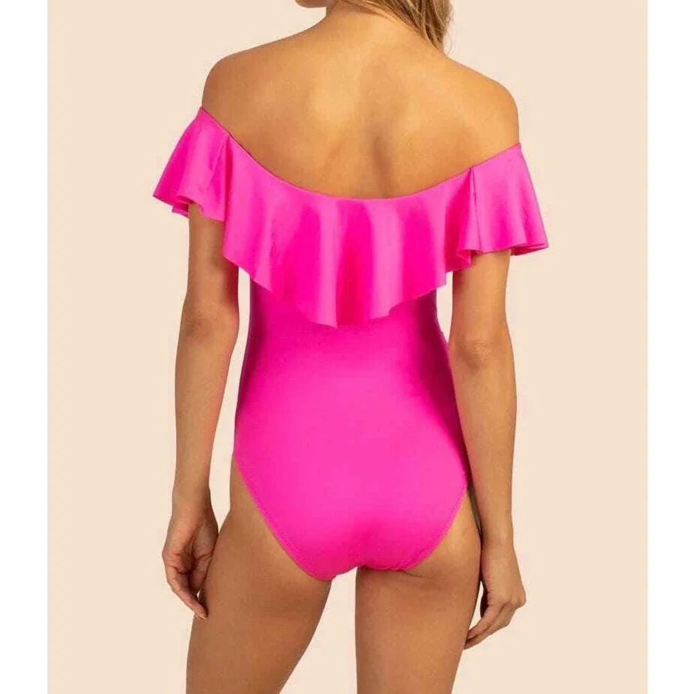 Trina Turk Monaco One Piece Bandeau Ruffle Pink‎ Pop NWOT Swimsuit Size 6